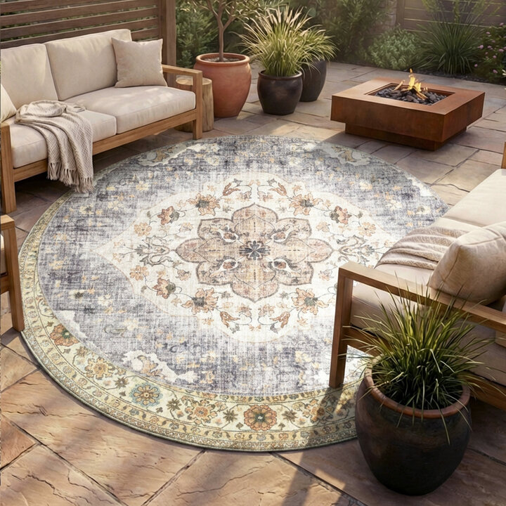 Vintage Gartenteppich Rund - Santo Mandala Blau Grau