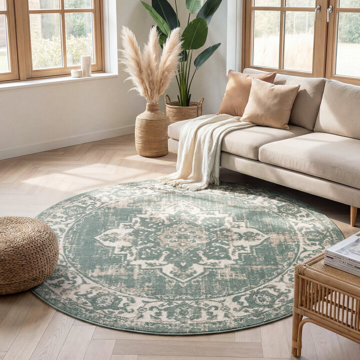 Teppich Vintage Rund - Spring Medaillon Grün Creme