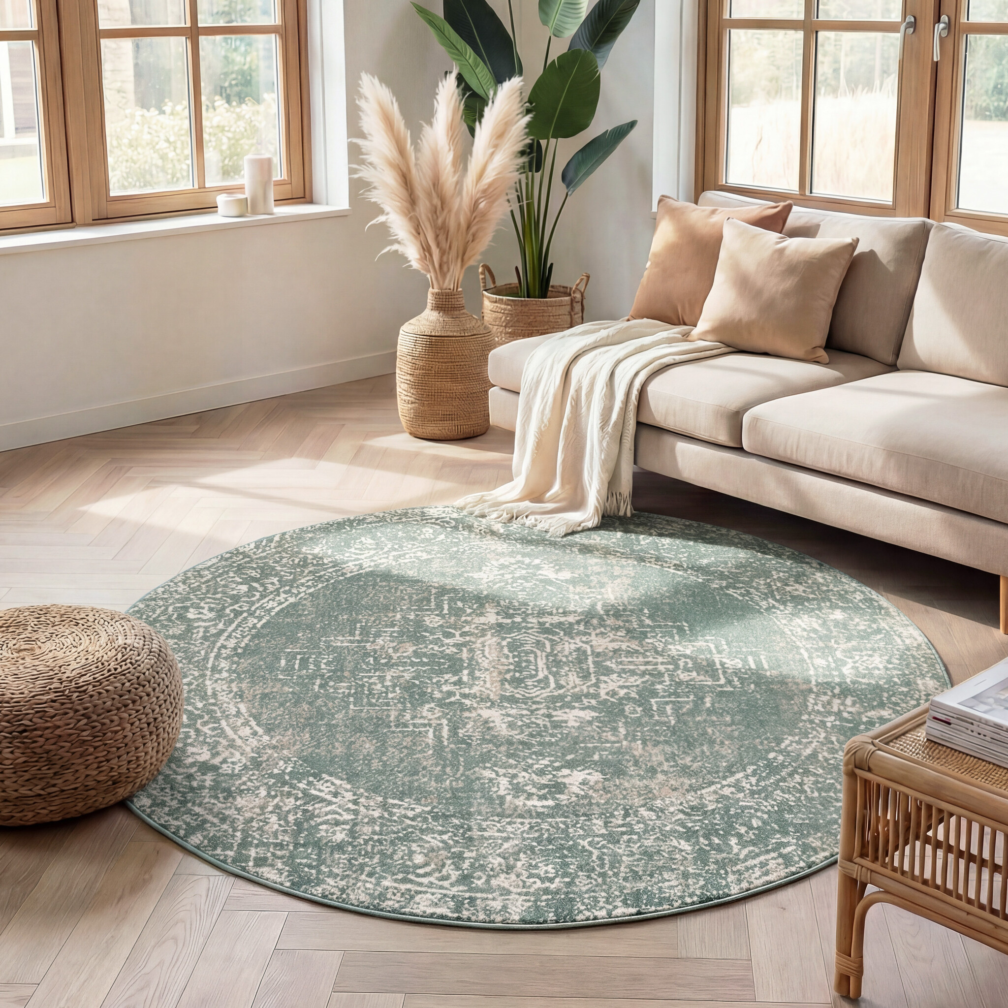 Teppich Vintage Rund - Spring Ethnic Grün Creme