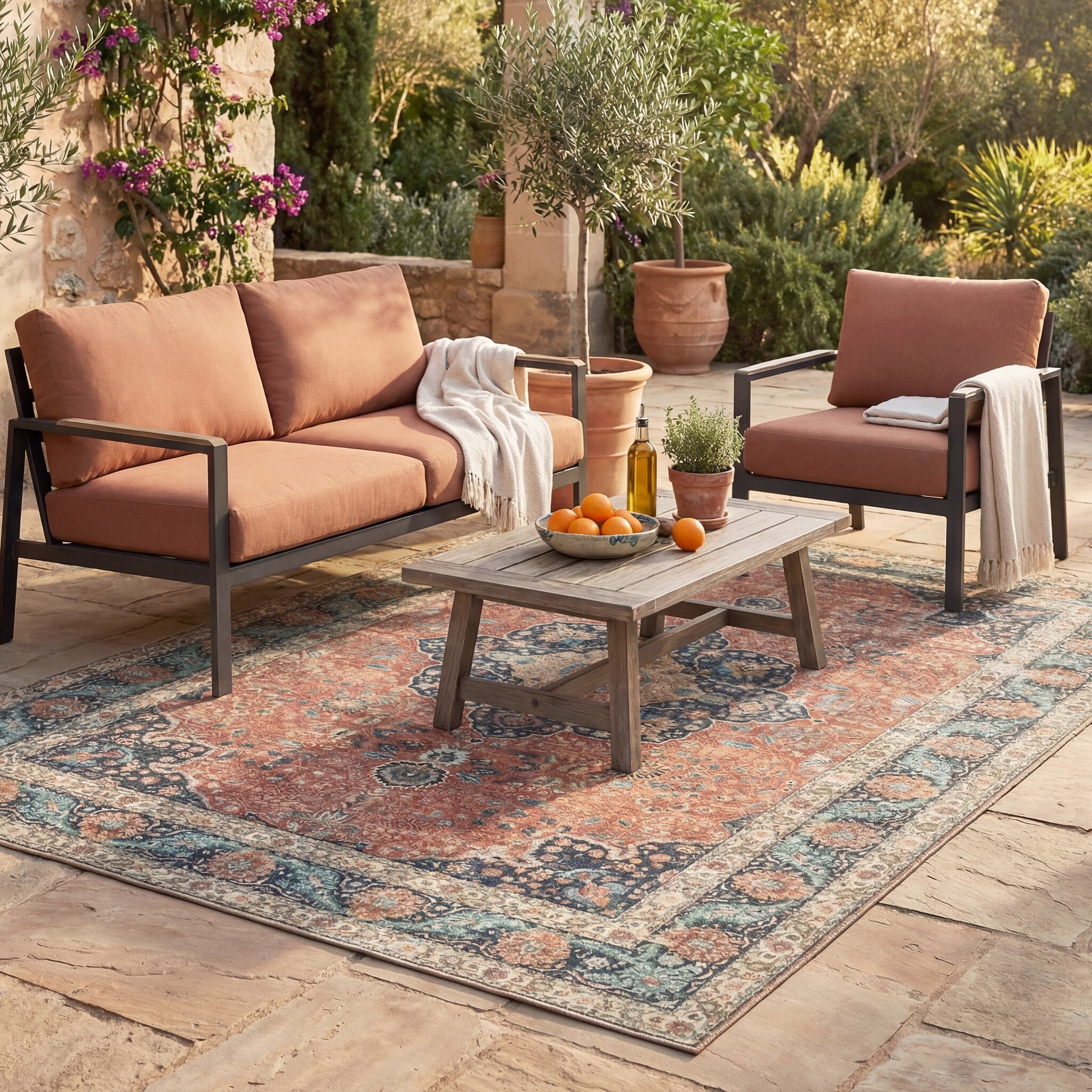 In- & Outdoor Teppich Vintage - Kairo Medaillon Terra Dunkelblau