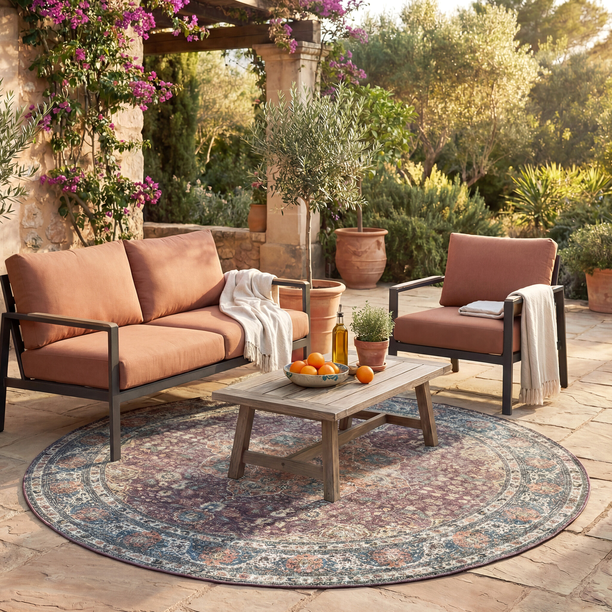 In- & Outdoor Teppich Rund - Kairo Medaillon Bordeaux Rot