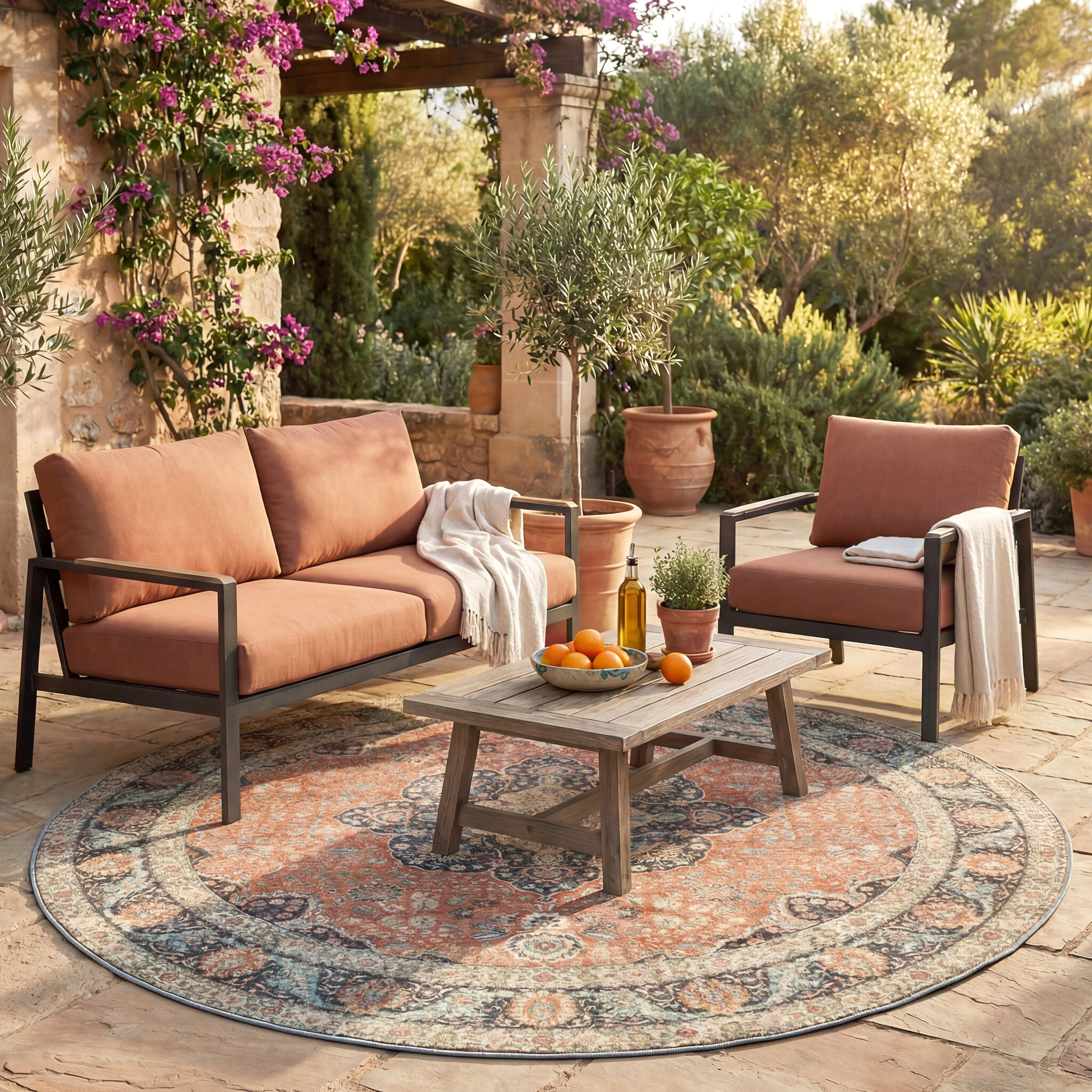 In- & Outdoor Teppich Rund - Kairo Medaillon Terra Dunkelblau