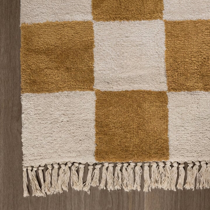 Teppich Kariert - Blox Fringe Ockergelb Weiß