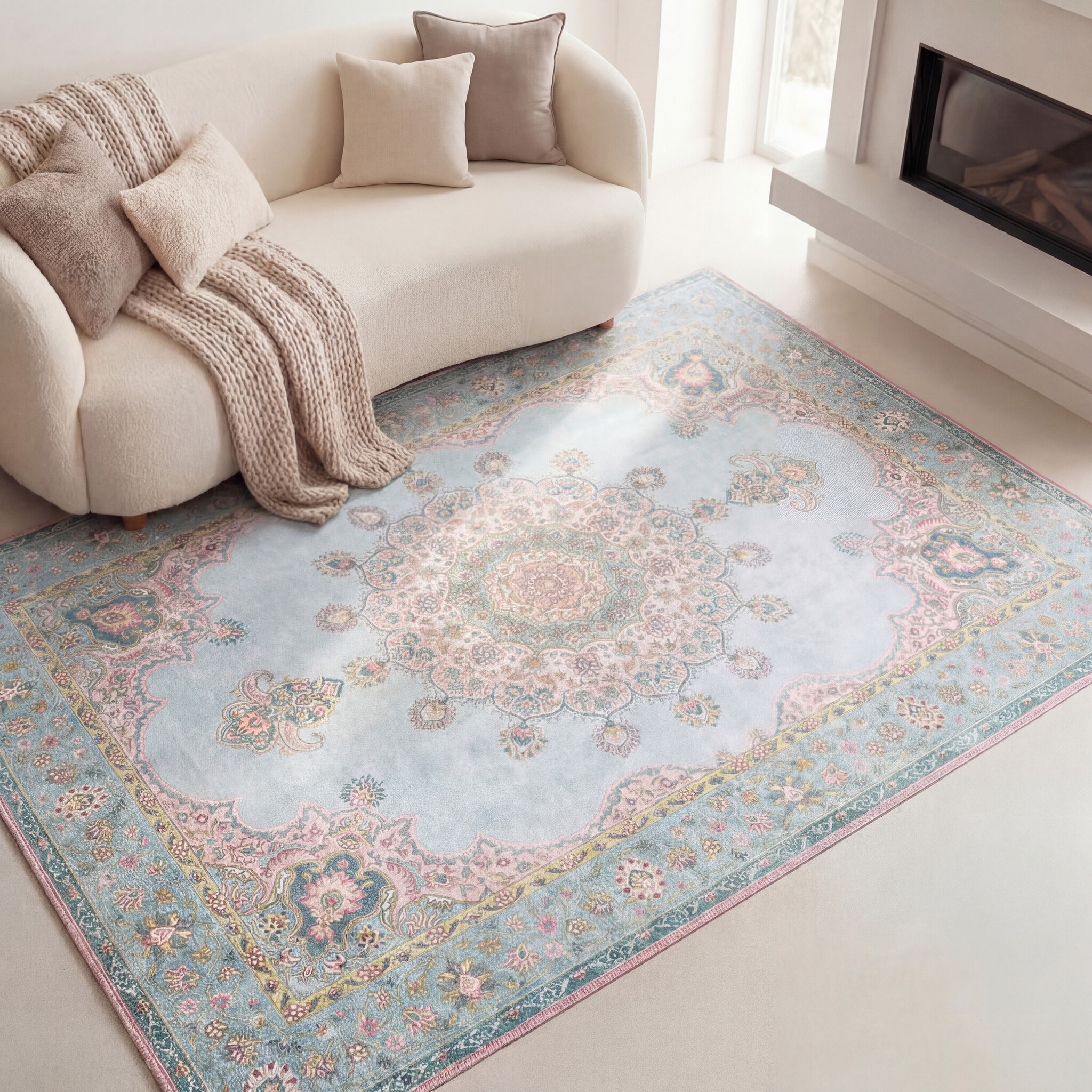 Teppich Vintage - Lily Medaillon Hellblau Türkis