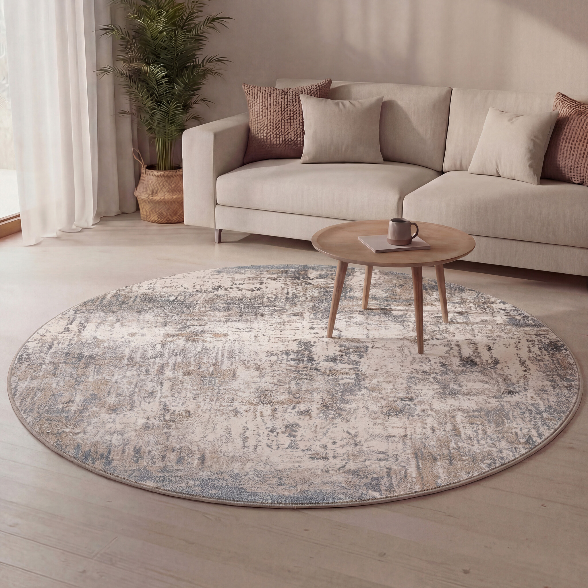 Waschbarer Teppich Rund - Misha Grunge Creme Grau