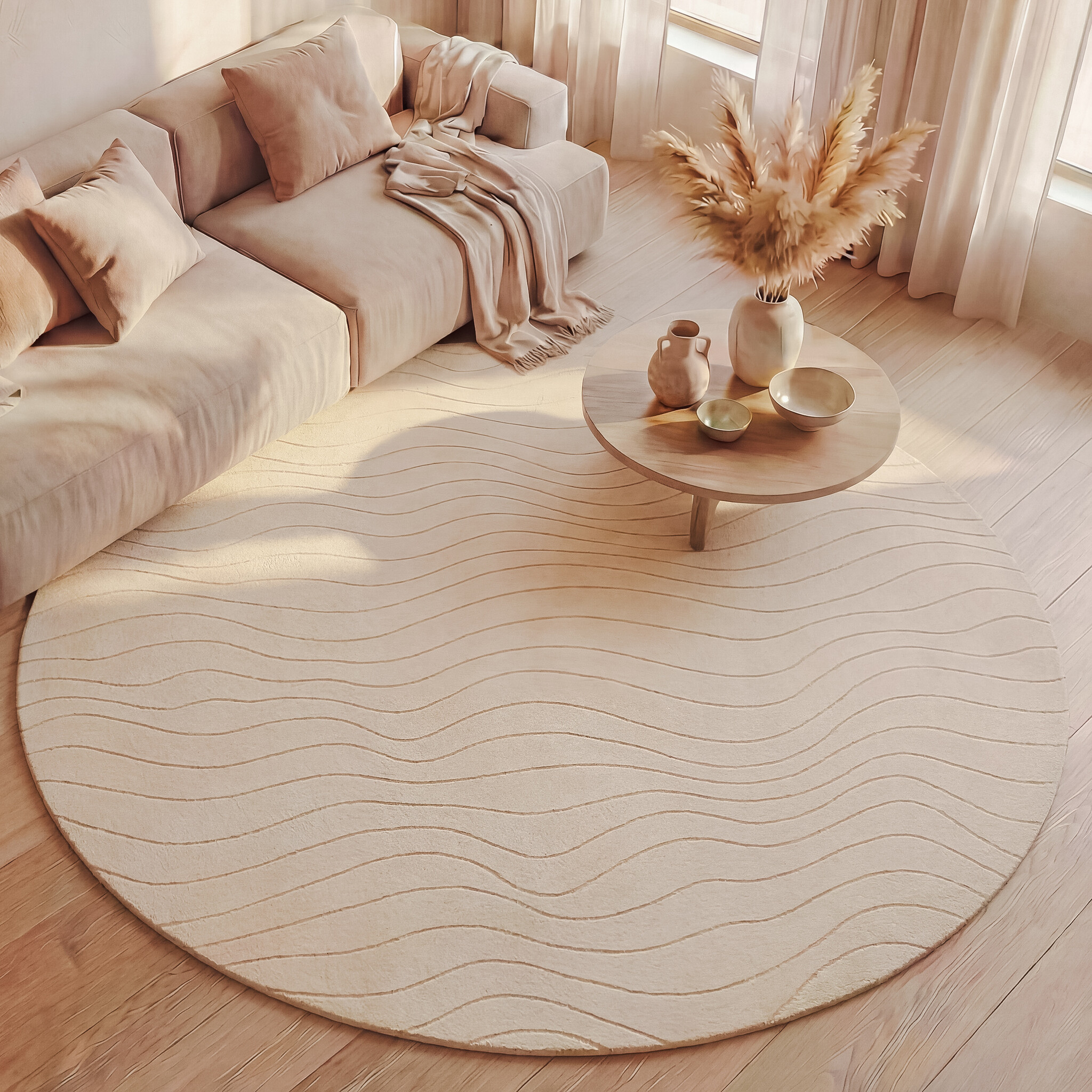 Runder Teppich Wohnzimmer - Charm Waves Beige