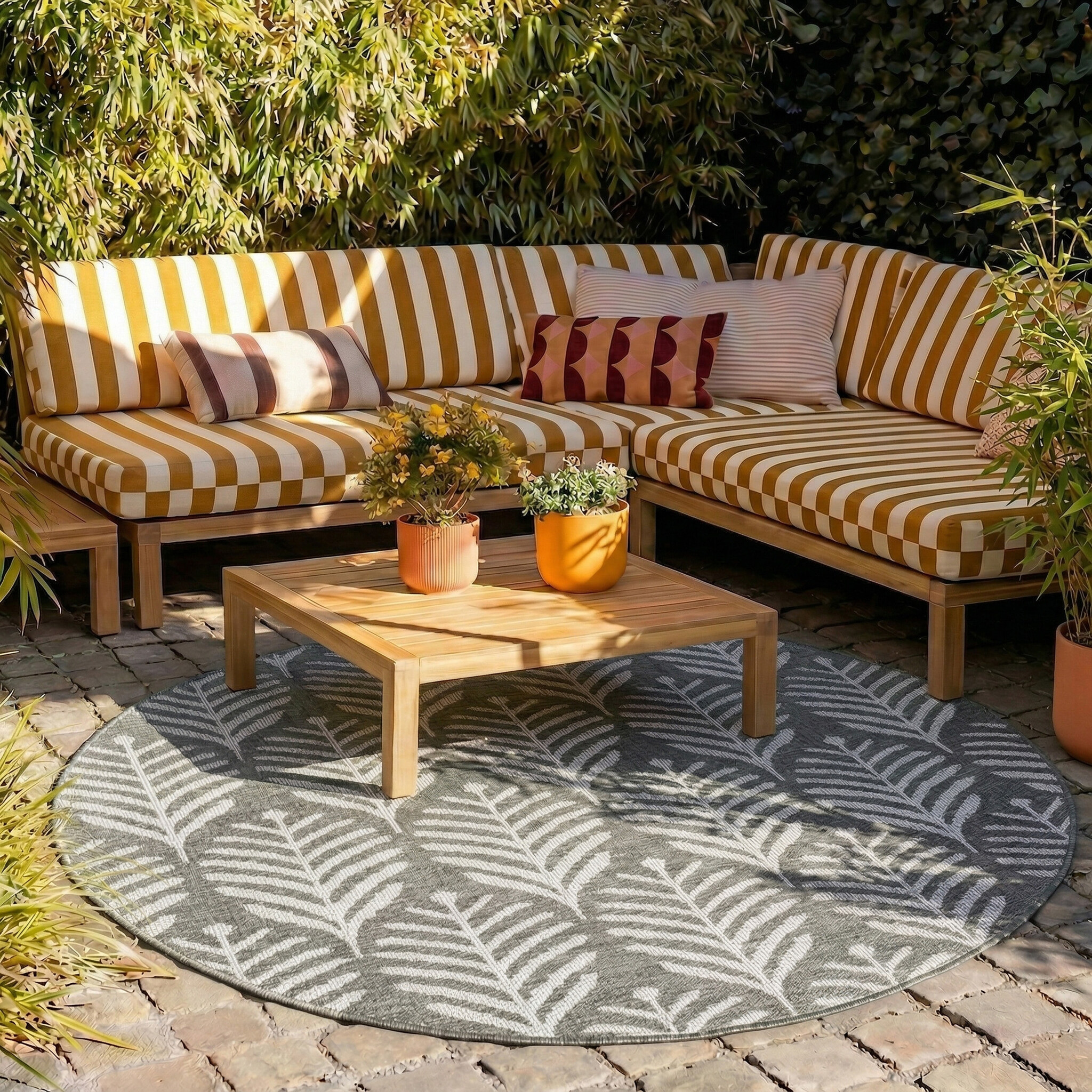 In- & Outdoor Teppich Rund - Summer Leaves Grau