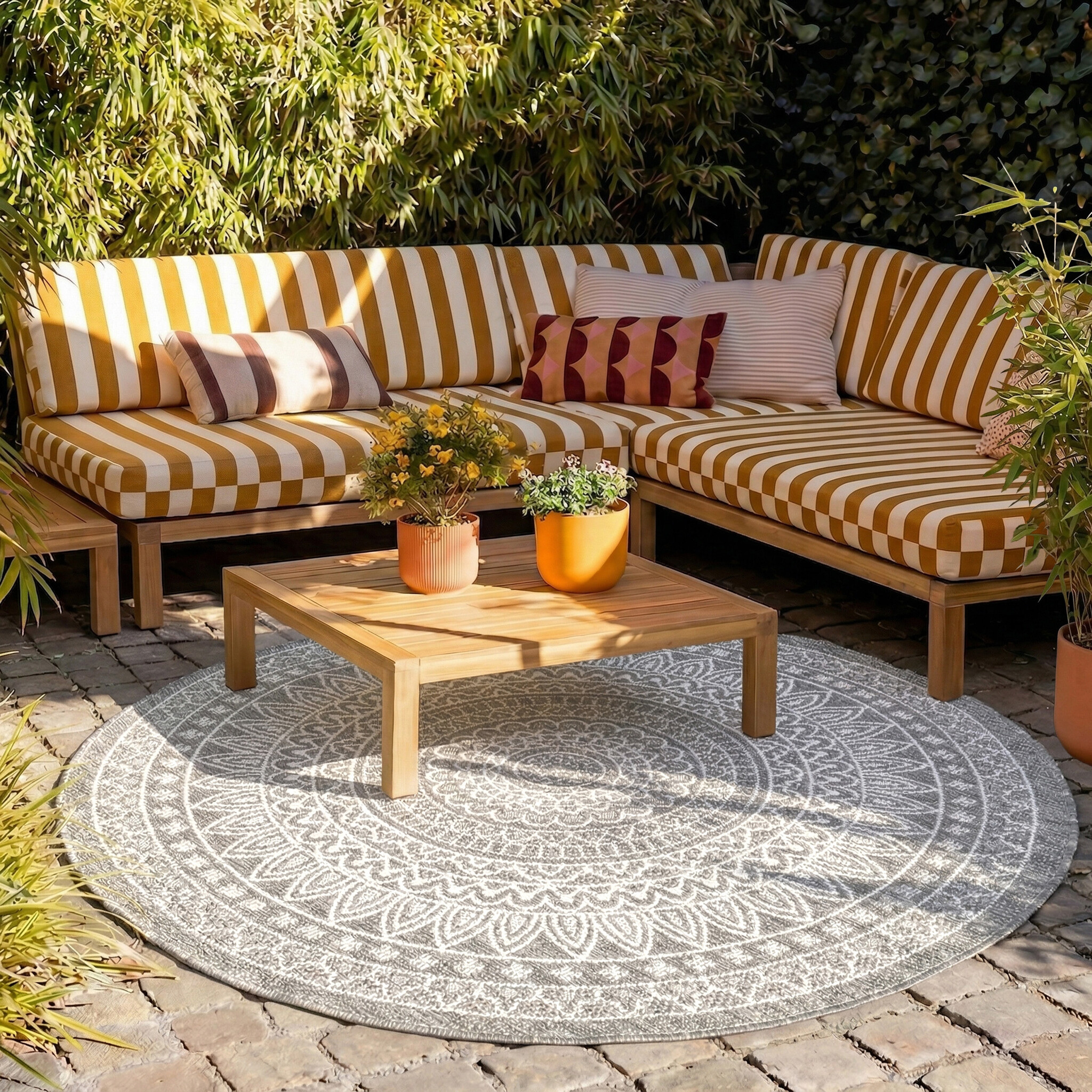 In- & Outdoor Teppich Rund - Summer Azteca Hellgrau