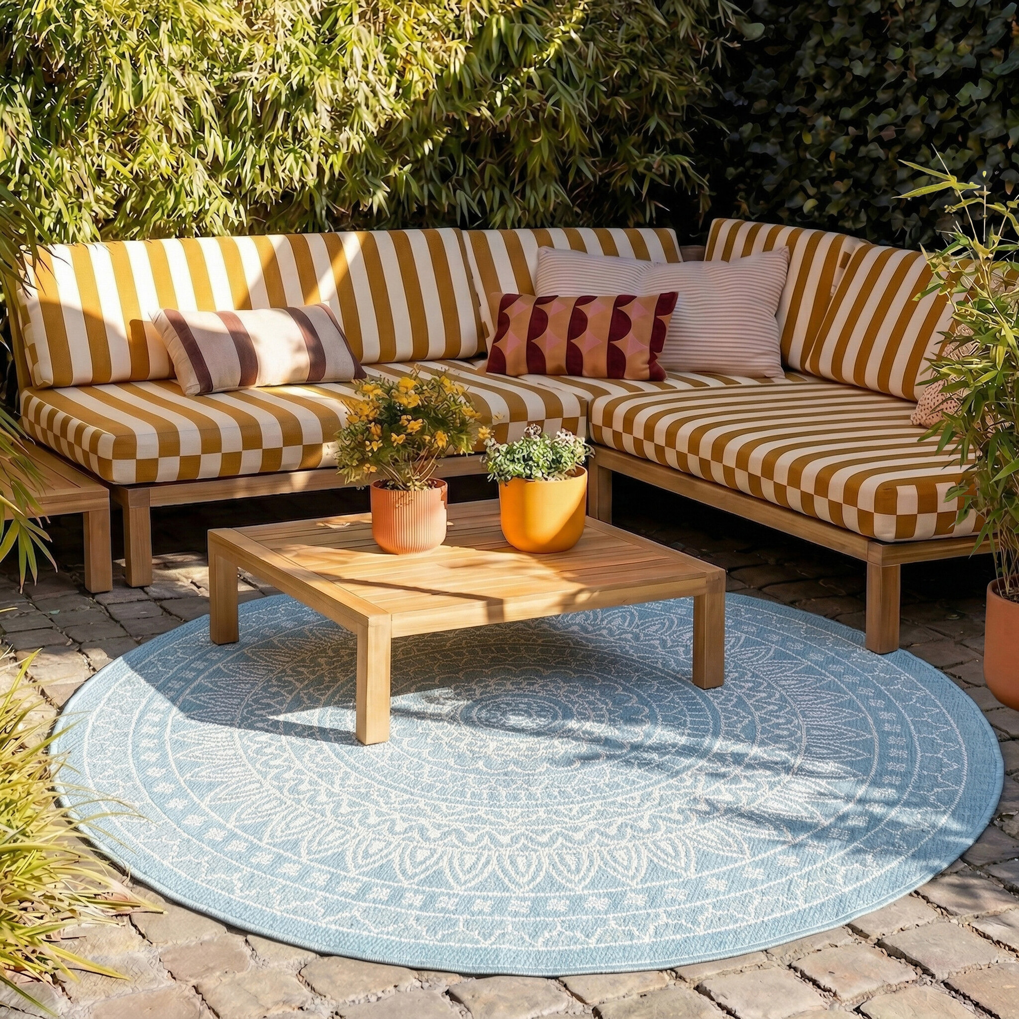 In- & Outdoor Teppich Rund - Summer Azteca Hellblau