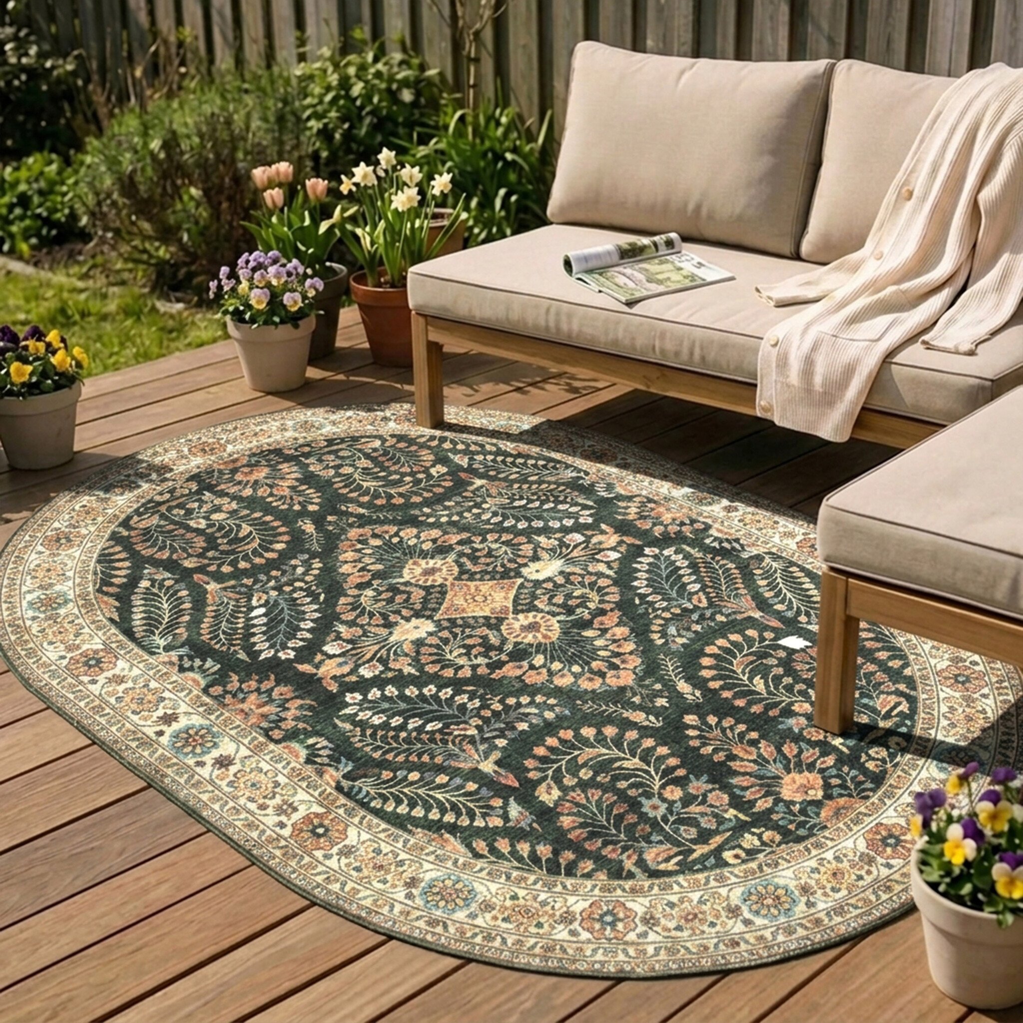 Vintage Gartenteppich Oval - Santo Flora Dunkelgrün