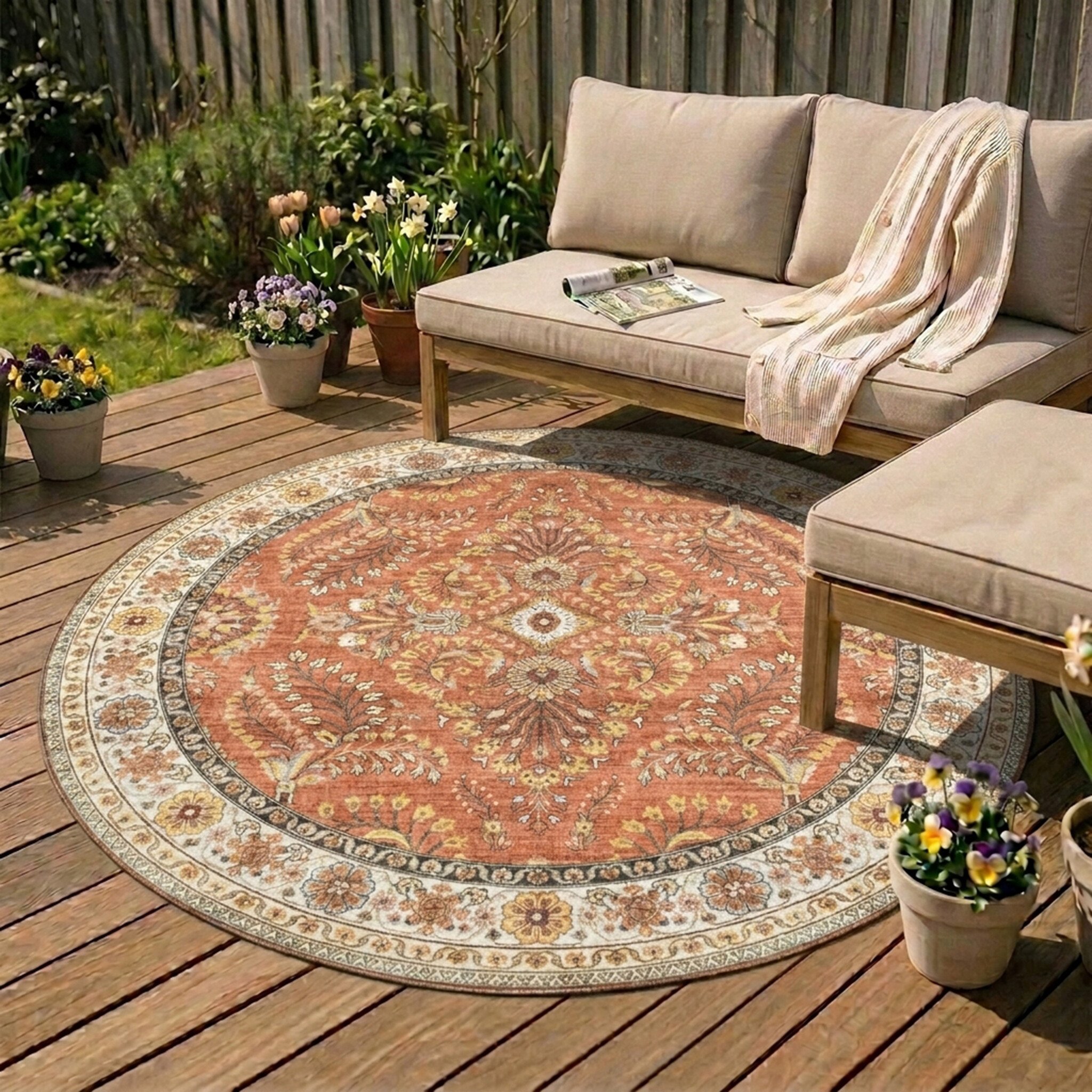Vintage Gartenteppich Rund - Santo Flora Terrakotta