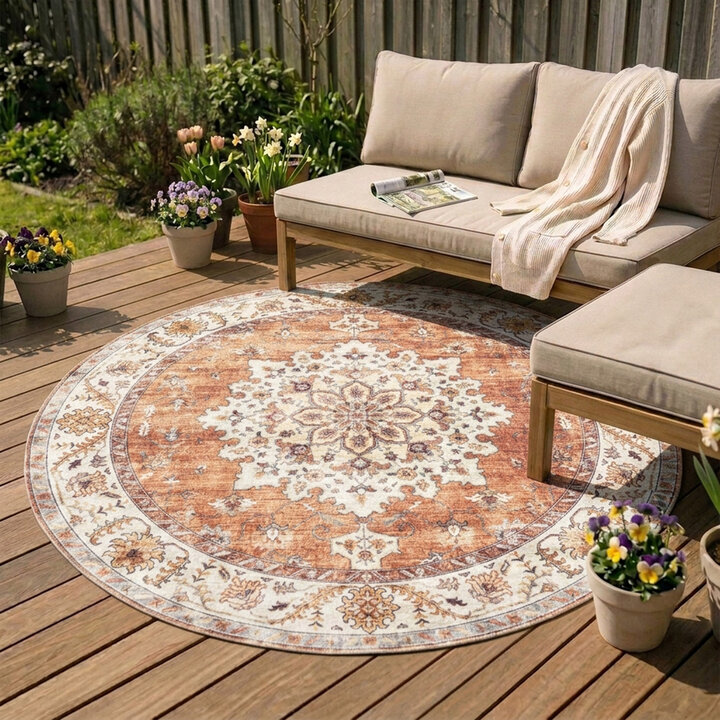Vintage Gartenteppich Rund - Santo Medaillon Terrakotta