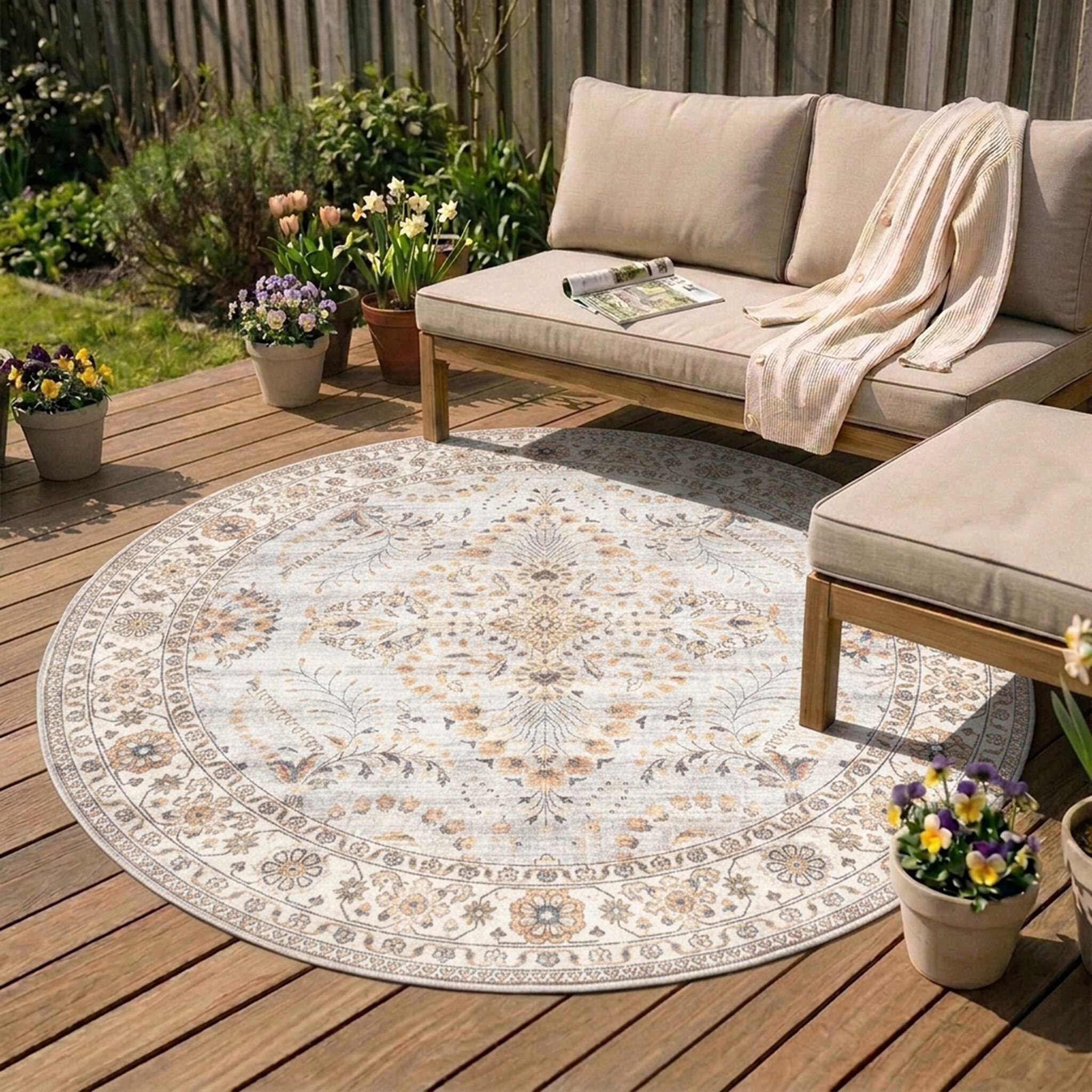 Vintage Gartenteppich Rund - Santo Flora Hellgrau