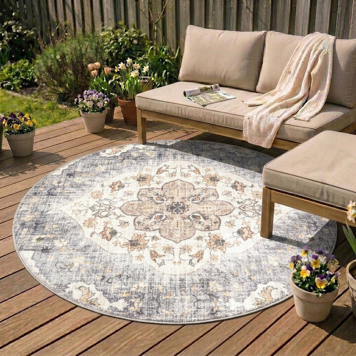 Vintage Gartenteppich Rund - Santo Mandala Blau Grau