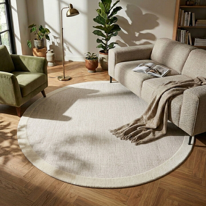 Rund Kurzflor Teppich - Elena Border Beige