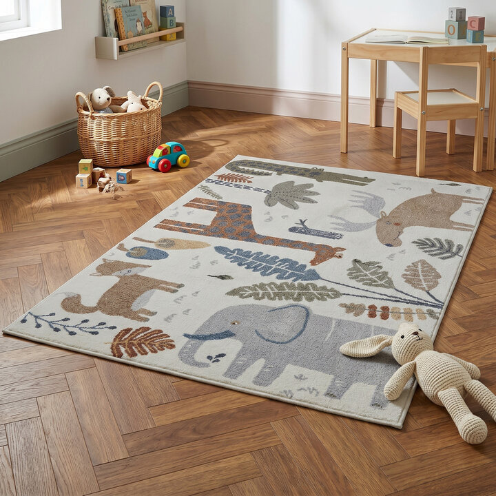 Waschbarer Kinderteppich - Mace Animals Creme