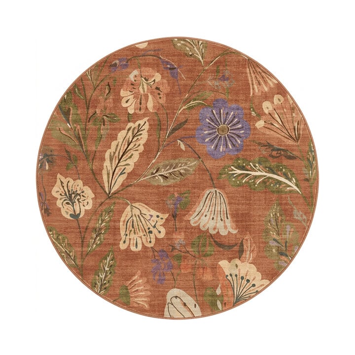 Waschbarer Teppich Rund - Misty Flowers Terrakotta