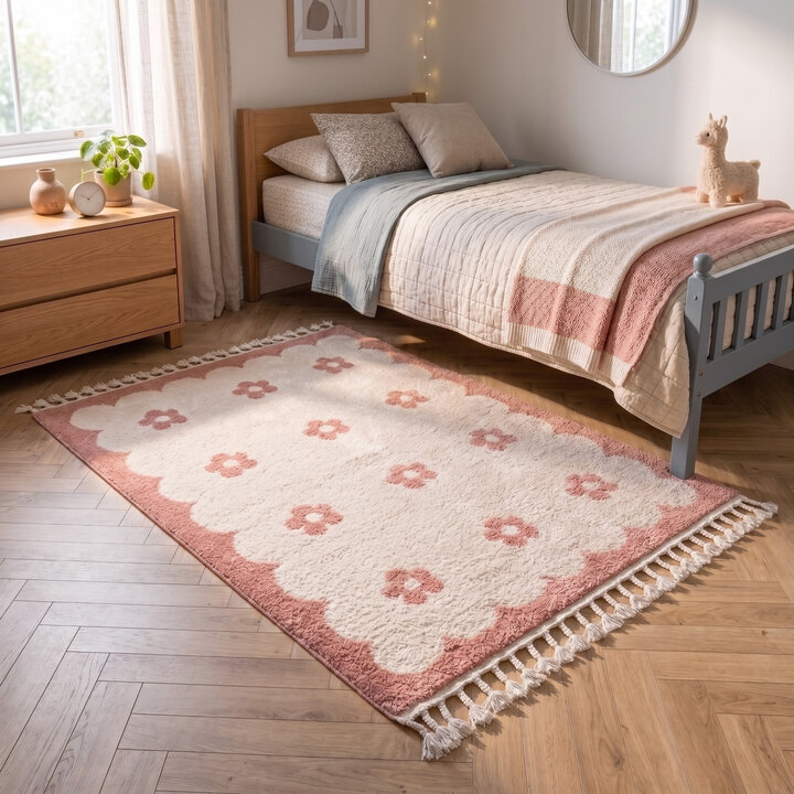Waschbarer Kinderteppich - Moos Flower Rosa
