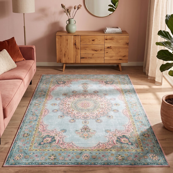 Teppich Vintage - Lily Medaillon Hellblau Türkis