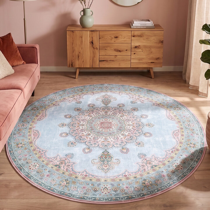Teppich Vintage Rund - Lily Medaillon Hellblau Türkis