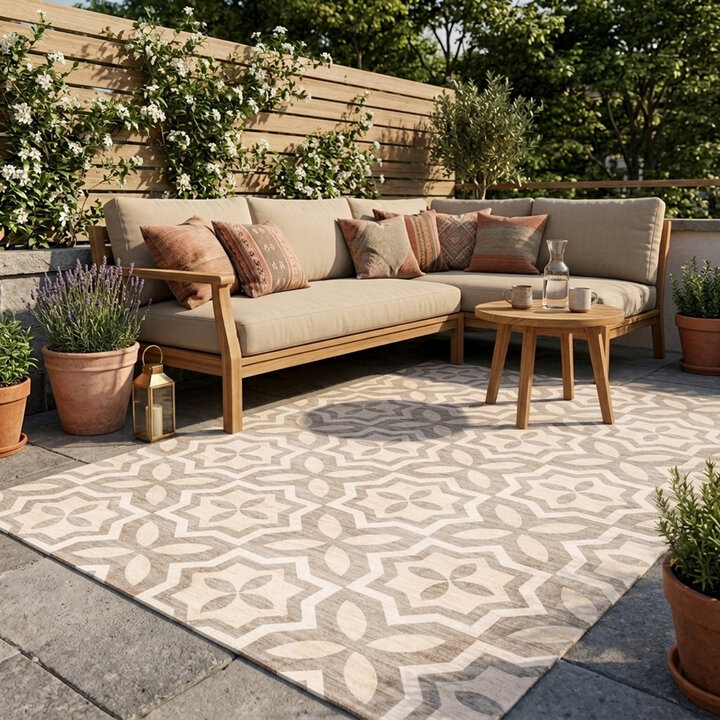 Geometrischer Outdoor Teppich - Mosaic Medina Creme
