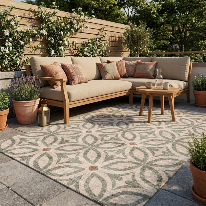 Geometrischer Outdoor Teppich - Mosaic Petal Grün