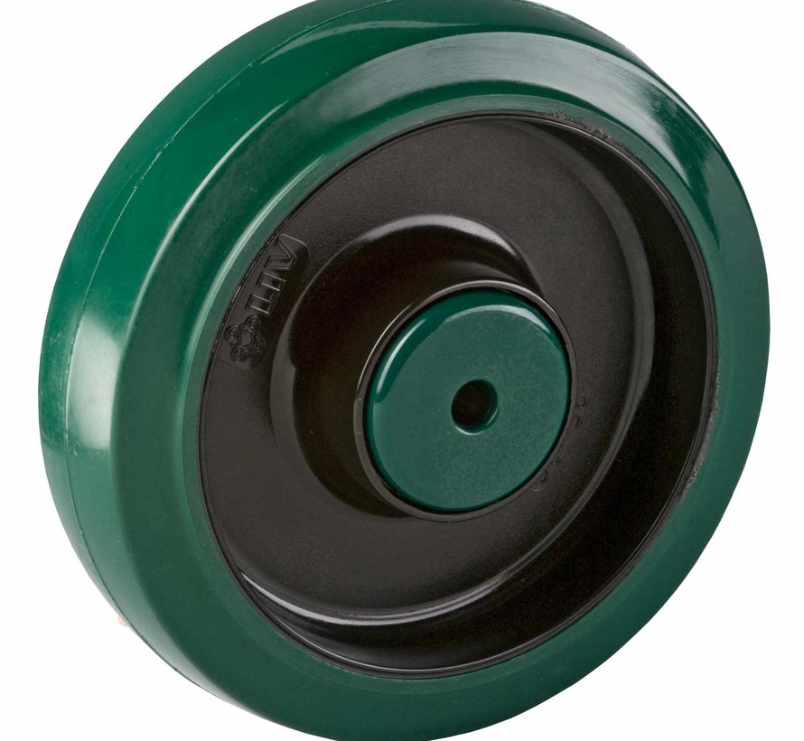 Rueda 100 mm, goma elástica, cojinete liso, agujero del eje 15 mm, 150 kg, Ref. 2-040-20D