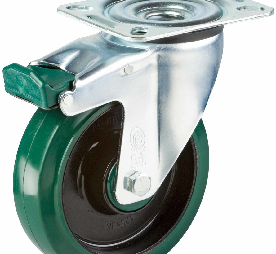 standard Swivel castor with brake + elastic rubber tyre Ø100 x W35mm for  150kg Prod ID: 39954