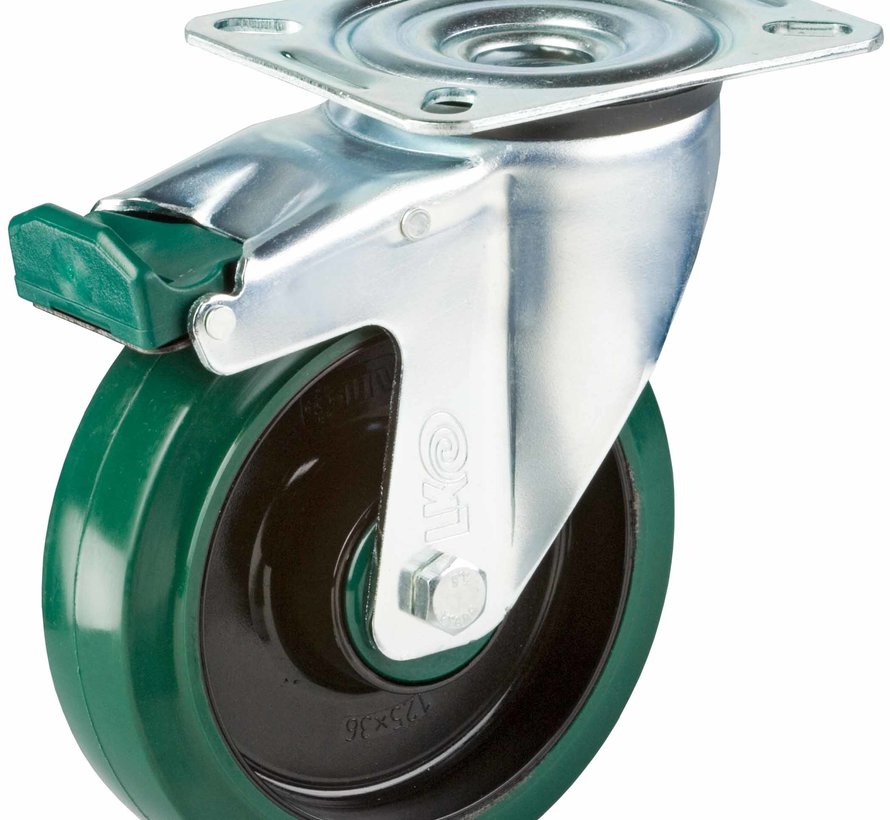 Swivel castor with total brake 100 mm, elastic rubber, ball bearing, plate 105x85 mm, 150 kg, Art. 2-043-20K