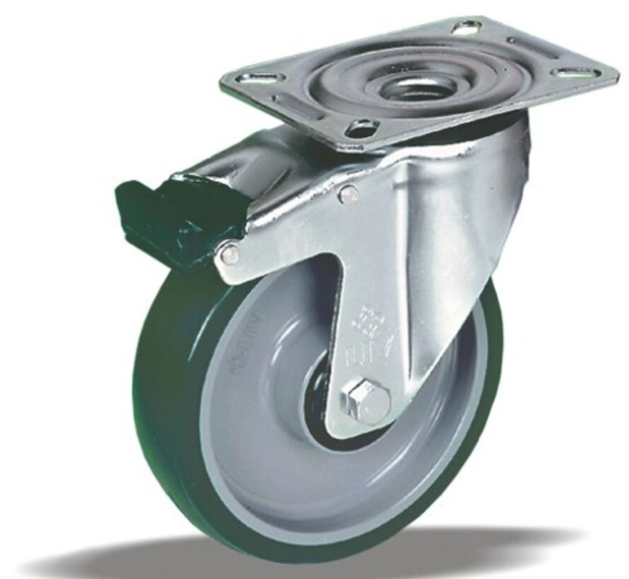 Swivel castor with brake + injection-moulded polyurethane  Ø100 x W32mm for 150kg Prod ID: 40543