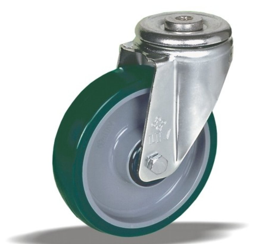 Rueda giratoria 100 mm, poliuretano, cojinete liso, agujero pasante 12,5 mm, 150 kg, Ref. 2-054-20D