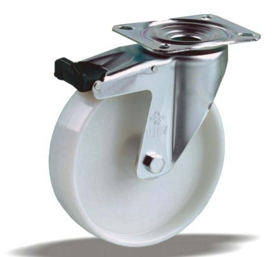 Ruota girevole con freno totale 125 mm, poliammide, cuscinetto a rulli, piastra 105x85 mm, 250 kg, Art. 2-723 A, nucleo ruota bianco