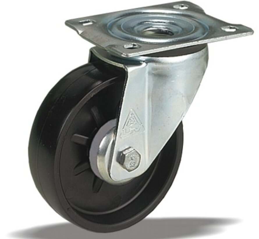 Roulette pivotante 108 mm, polypropylène, roulement à rouleaux, platine 105x85 mm, 150 kg, Réf. 2-715 ISO, corps de roue noir