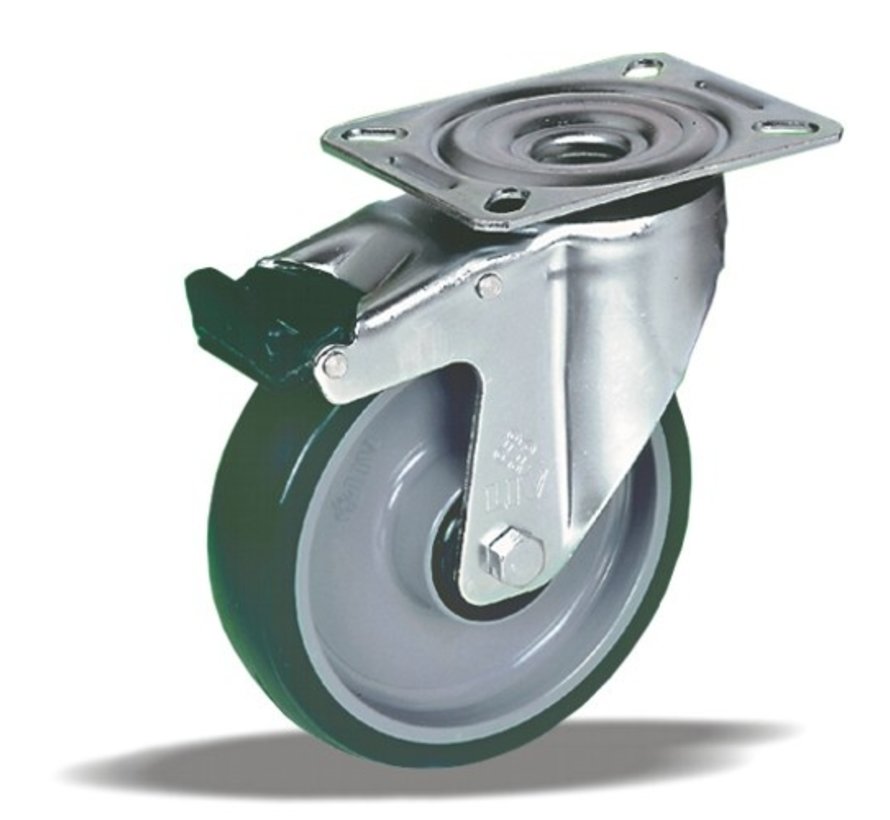 stainless steel Swivel castor with brake + injection-moulded polyurethane tread Ø200 x W50mm for  300kg Prod ID: 41734