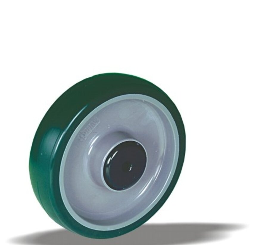 Kolo 100 mm iz nerjavnega jekla, poliuretan, drsni ležaj, izvrtina osi 8,5 mm, 150 kg, Šifra 2-050-20D