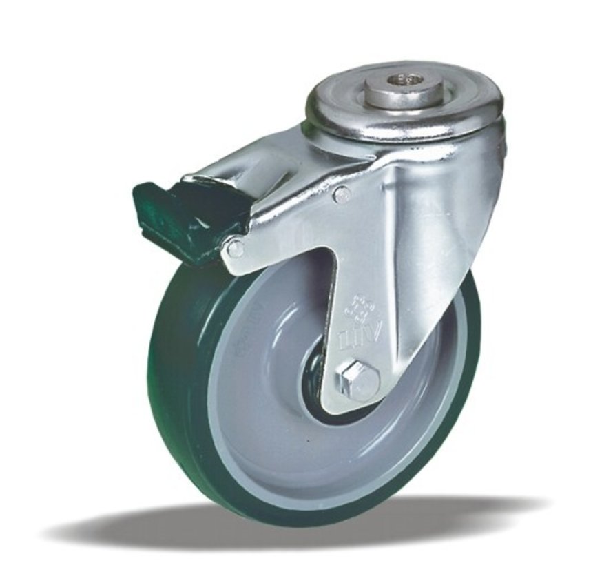 stainless steel Swivel castor with brake + injection-moulded polyurethane tread Ø100 x W32mm for  150kg Prod ID: 41404