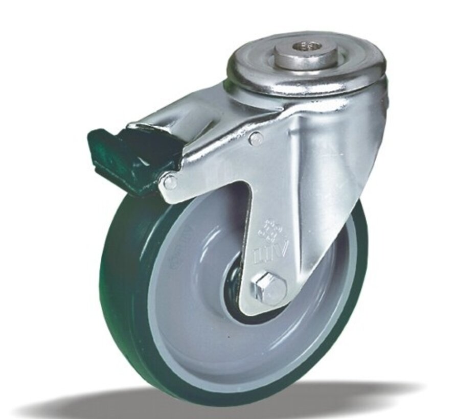 Roulette pivotante avec frein total 160 mm en acier inoxydable, polyuréthane, roulement à rouleaux, trou central 12,5 mm, 300 kg, Réf. 2-055-32V