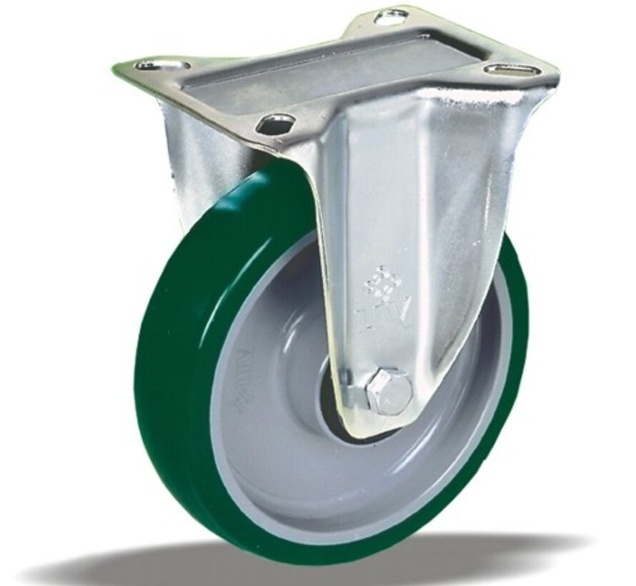 rostfreier Stahl Bockrolle + spritzgegossene Polyurethan-Lauffläche Ø125 x W32mm für 200kg Prod ID: 42155