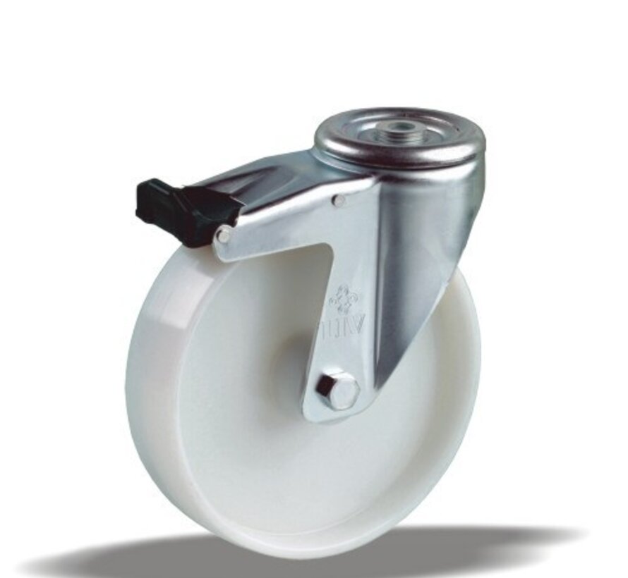 Swivel castor with brake + solid polyamide wheel Ø125 x W38mm for 250kg Prod ID: 41345