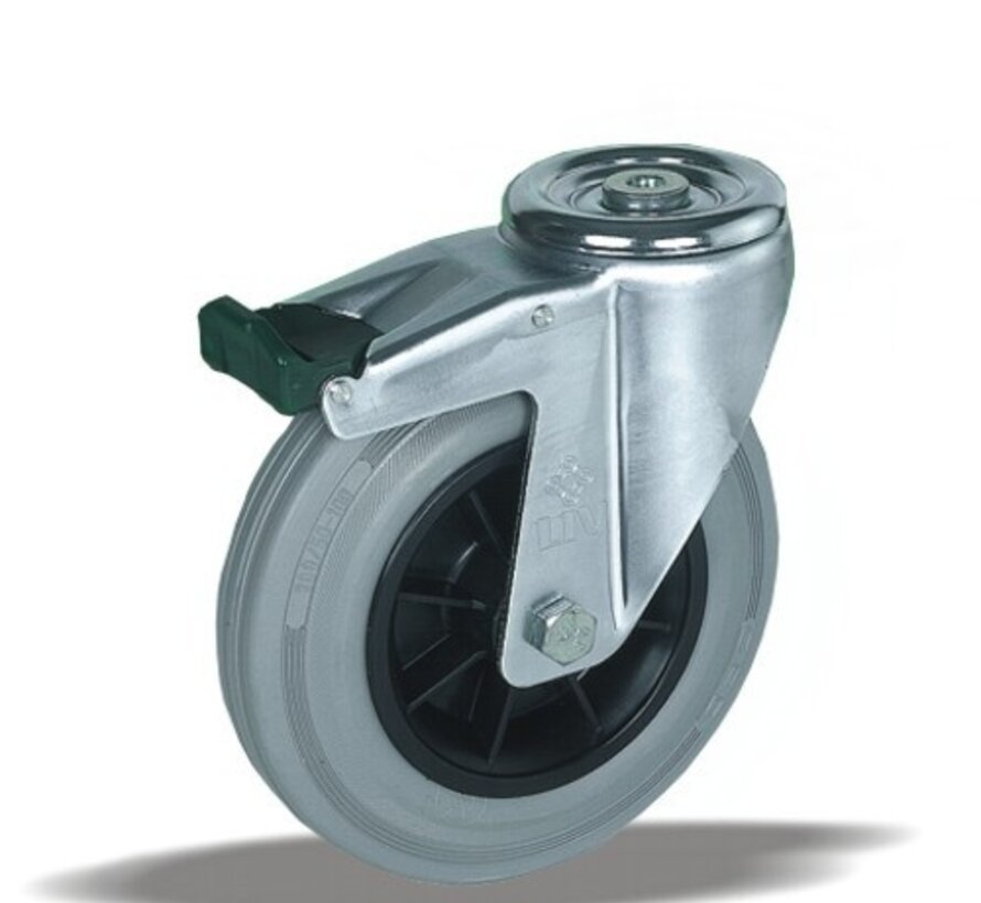 Swivel castor with brake + grey rubber tread Ø200 x W50mm for 230kg Prod ID: 41963