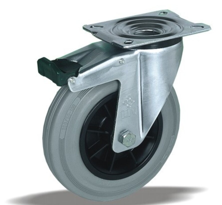 Swivel castor with brake + grey rubber tread Ø100 x W32mm for 80kg Prod ID: 41515