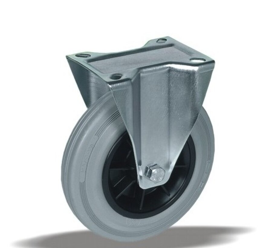 Fiksno kolo 125 mm iz nerjavnega jekla, siva guma, valjčni ležaj, plošča 105x85 mm, 130 kg, Šifra 2-953 ISO