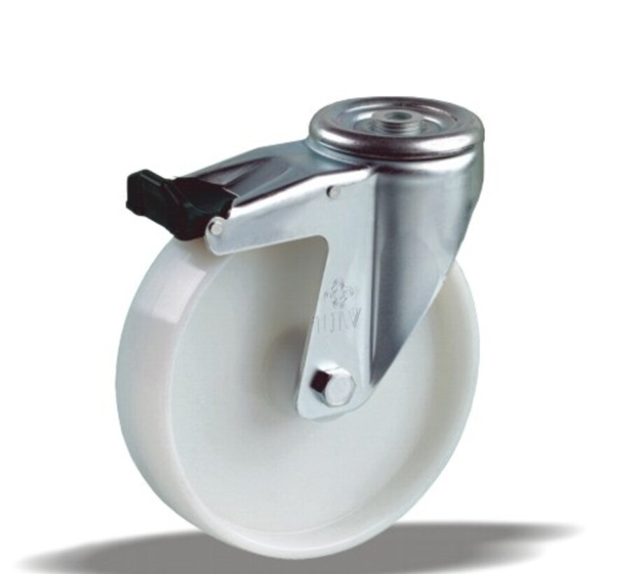 Vrtljivo kolo s popolno zavoro 125 mm, poliamid, valjčni ležaj, pritrdilna luknja 12,5 mm, 250 kg, Šifra 2-790 L12, belo platišče kolesa
