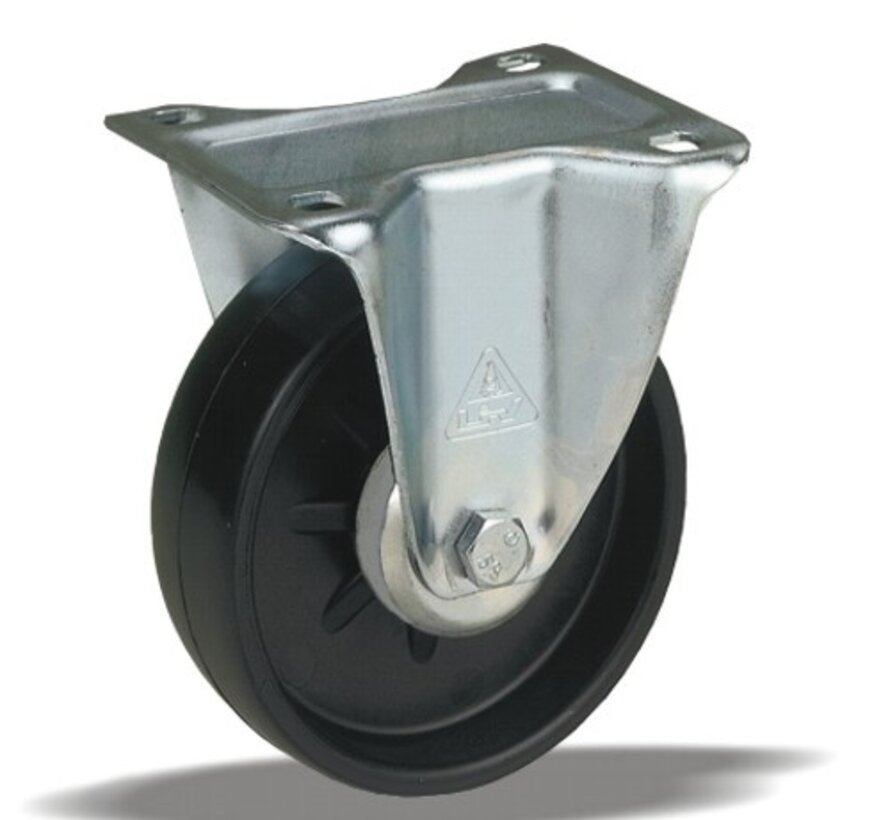 Roulette fixe 108 mm, polyamide, roulement à rouleaux, platine 105x85 mm, 200 kg, Réf. 2-716 ISO, corps de roue noir