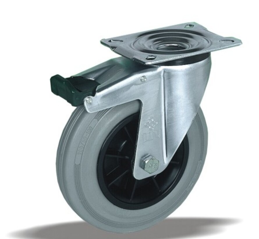 Swivel castor with brake + grey rubber tread Ø100 x W32mm for 80kg Prod ID: 39424