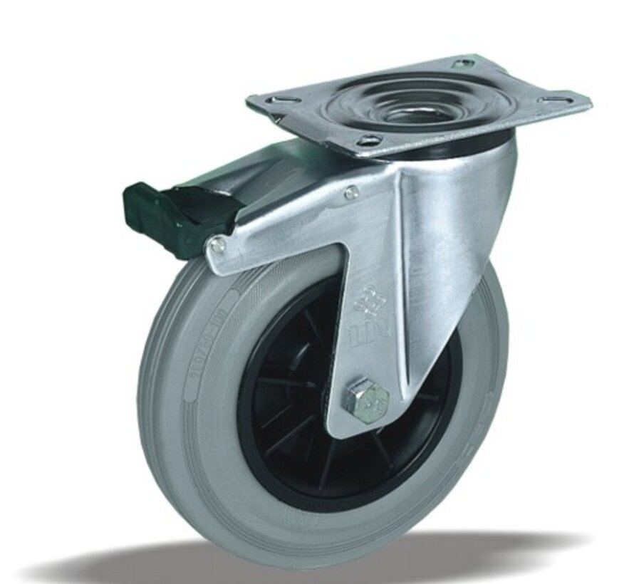 standard Swivel castor with brake + grey rubber tyre Ø125 x W37mm for  130kg Prod ID: 39245
