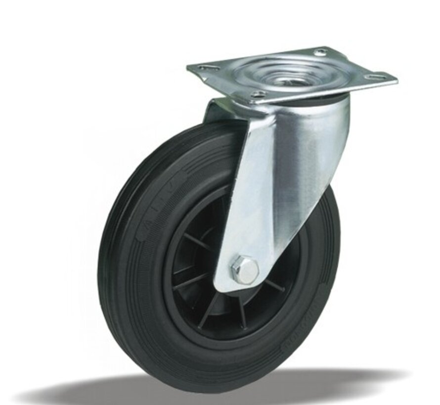 Roulette pivotante de manutention 100 mm, caoutchouc noir, palier lisse, platine 105x85 mm, 80 kg, Réf. 2-922 ISO