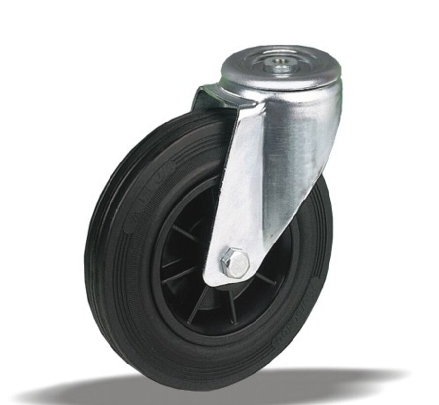 Swivel transport castor 180 mm, black rubber, plain bearing, bolt hole 12.5 mm, 200 kg, Art. 2-977 L12