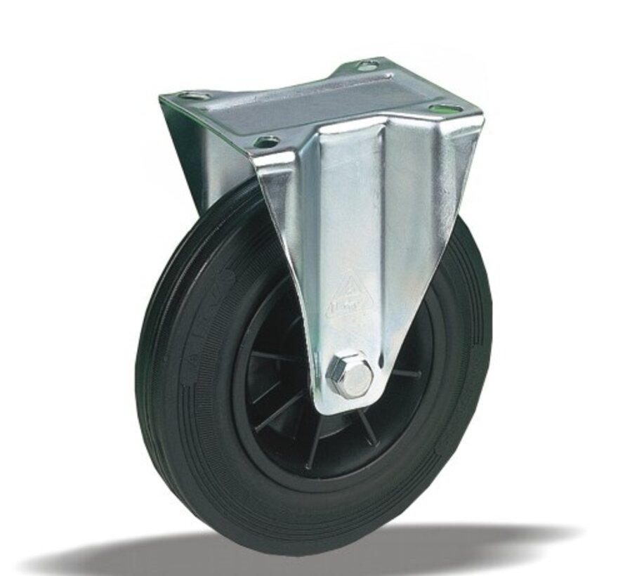 Roulette fixe de manutention 150 mm, caoutchouc noir, palier lisse, platine 135x110 mm, 170 kg, Réf. 2-961 ISO
