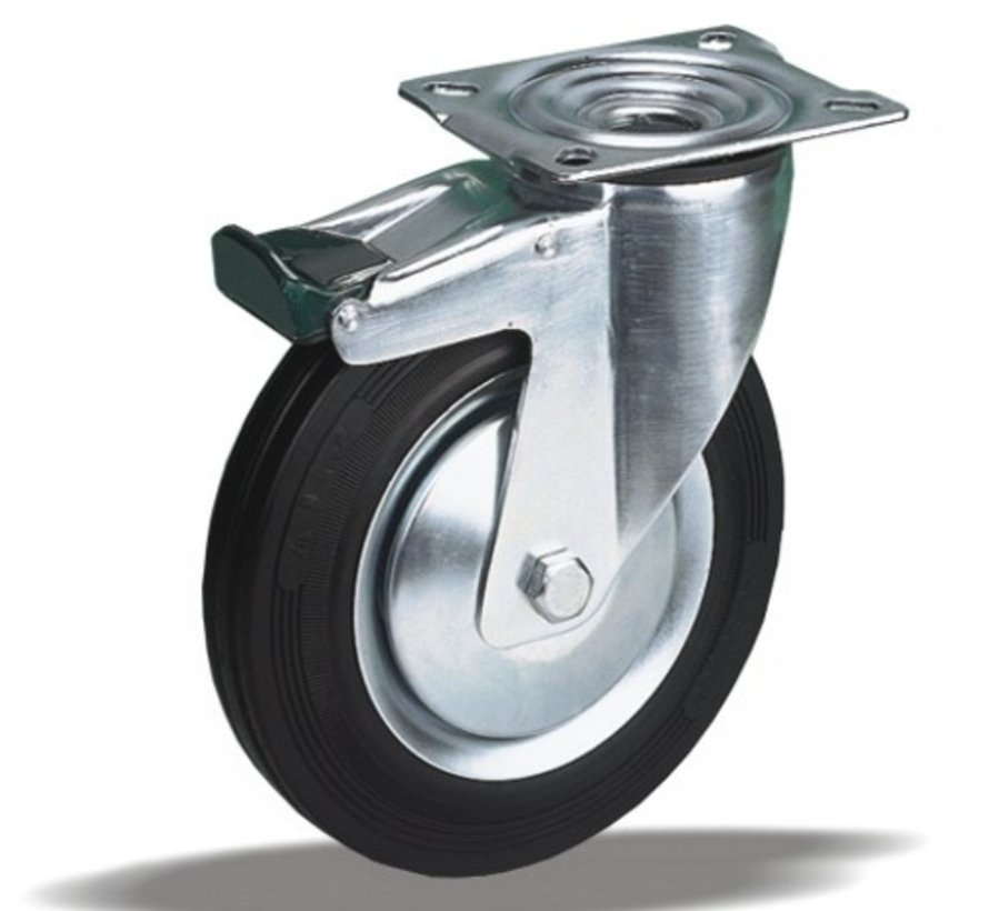 Vrtljivo transportno kolo z zavoro 200 mm, črna guma, valjčni ležaj, plošča 135x110 mm, 230 kg, Šifra 2-170 A